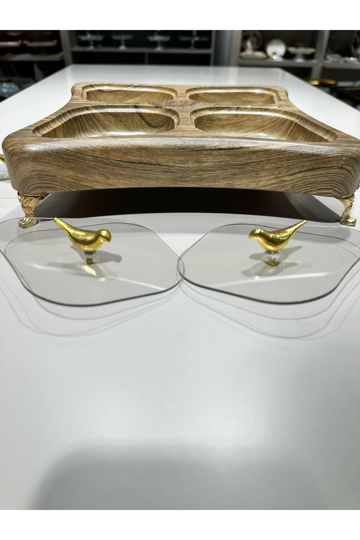 Litya Home KUŞLU ÇEREZLİK AHŞAP OYMA METAL GOLD AYAKLI MİKA KAPAKLI 25X25 CM KARE SUNUMLUK VE SERVİSLİK
