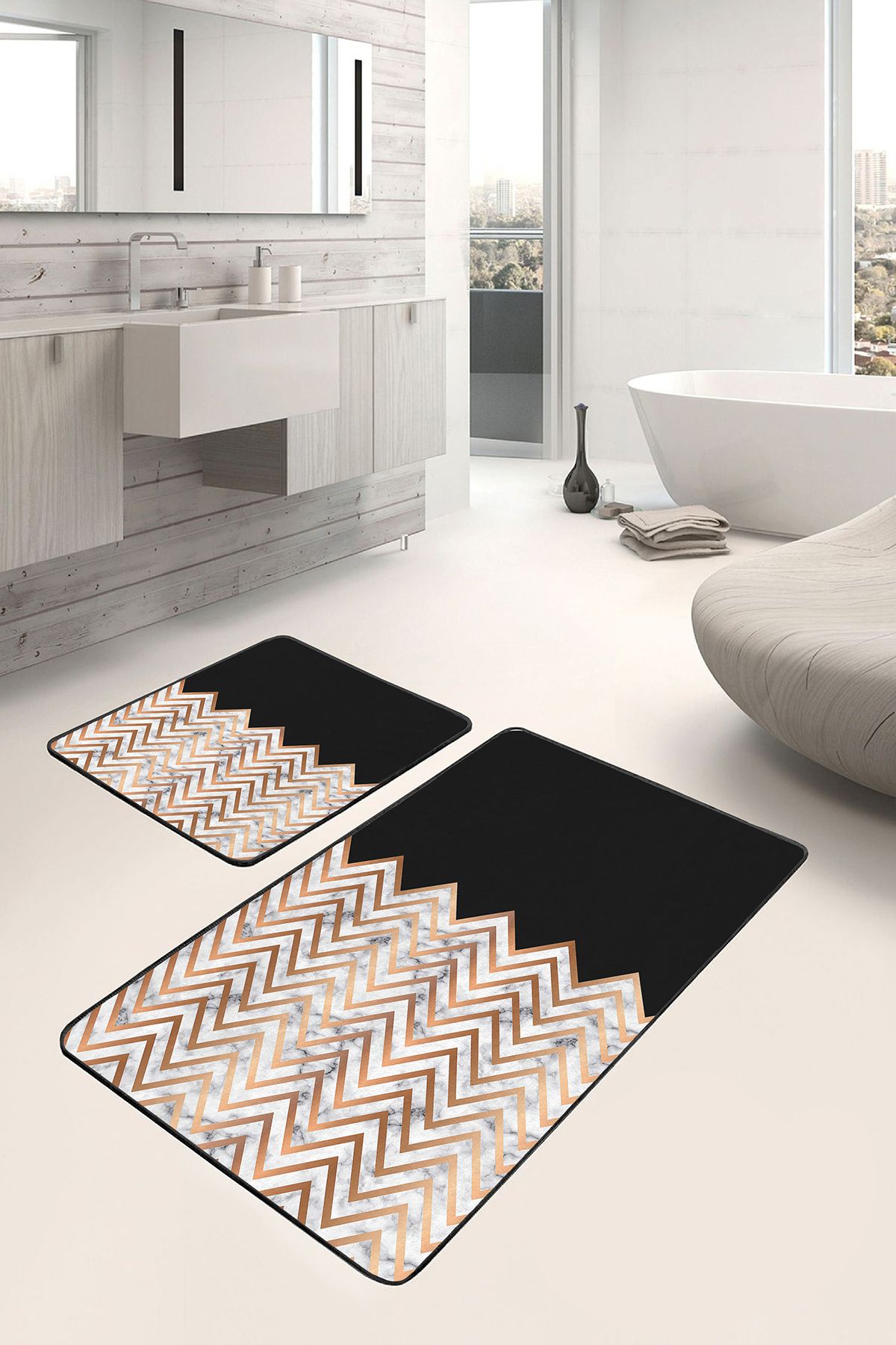 Realhomes 2'li Set Siyah - Gold Zeminde Mermer Motifli Zikzak Geometrik Sade & Şık 2'li Banyo Paspas Takımı