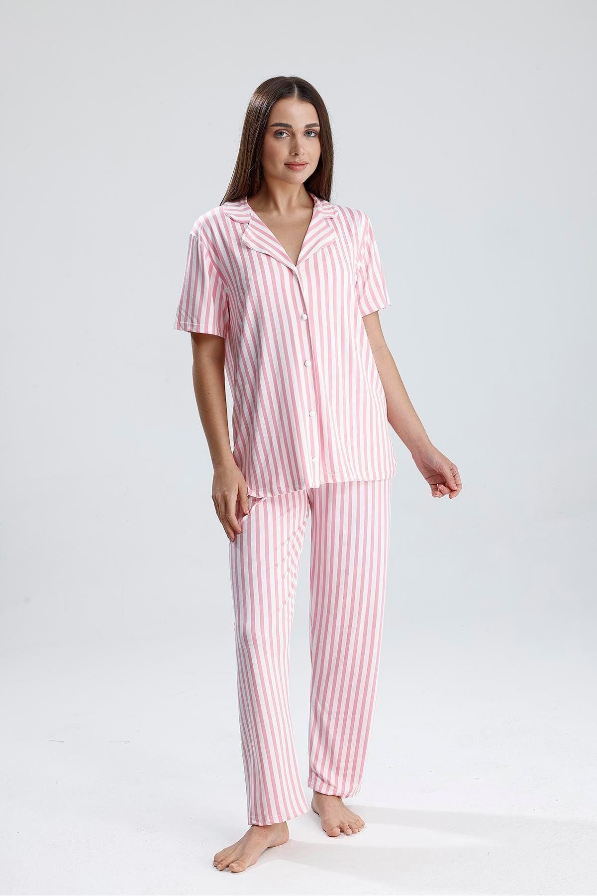 LİRONA Pembe Çizgili Kısa Kollu Kadın Pijama Takımı | 2072176506