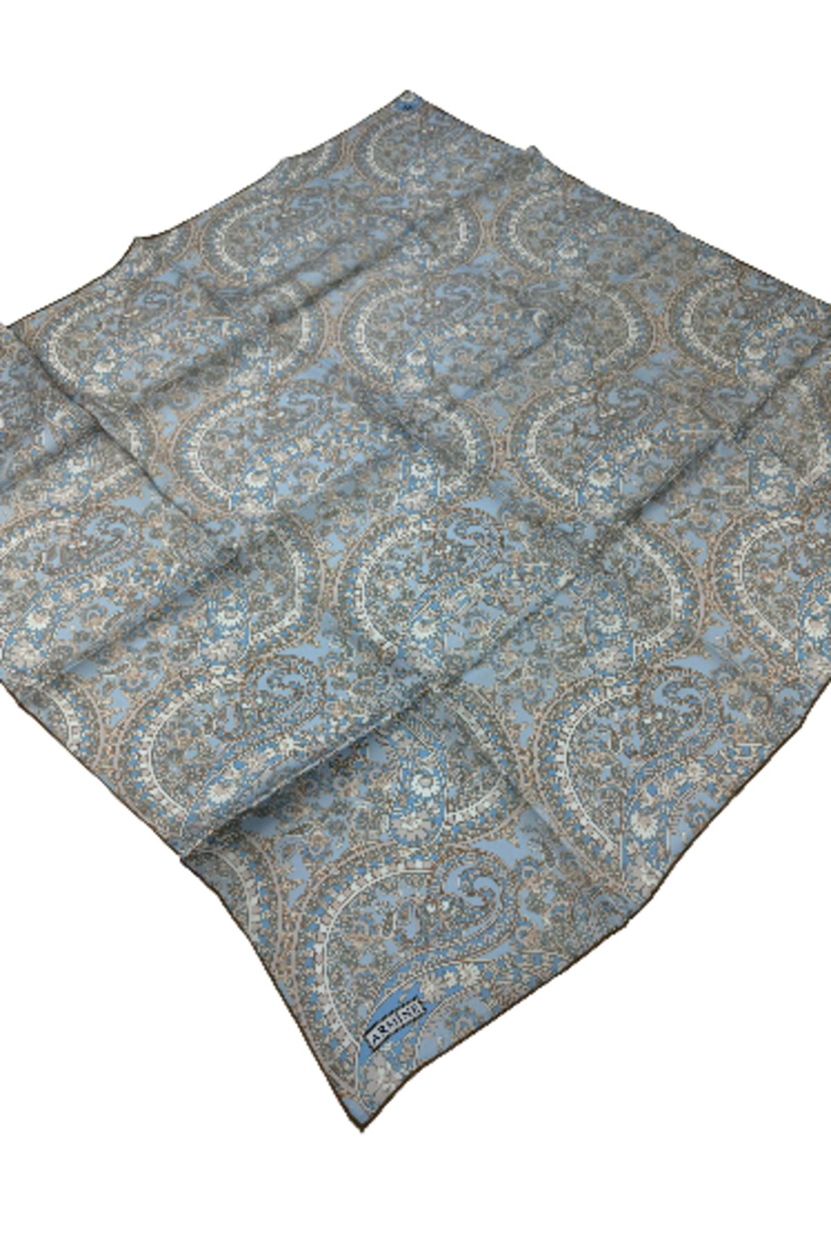 Armine Sura İpek Eşarp 9304DS Etnik Şal Desen Bebe Mavisi-09