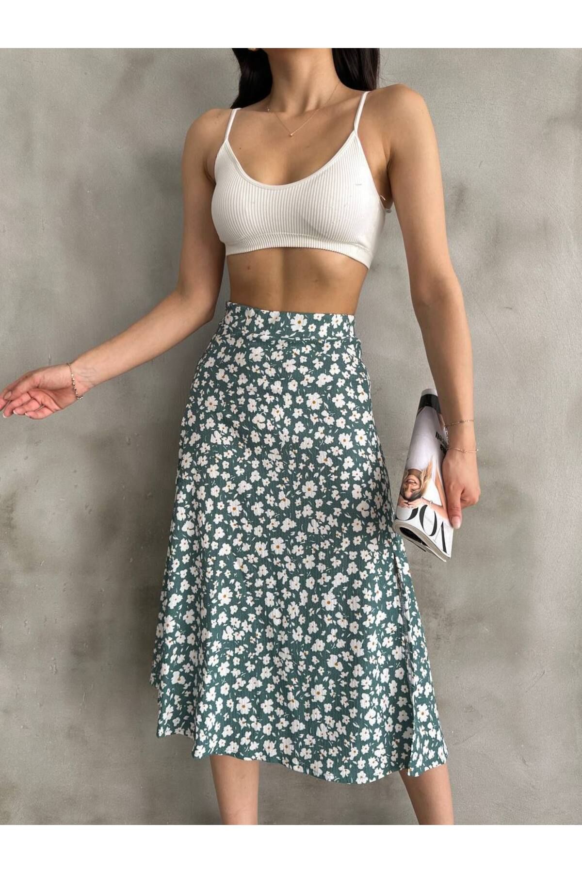 VELİNA & MODA çiçek detaylı yırmaçlı etek