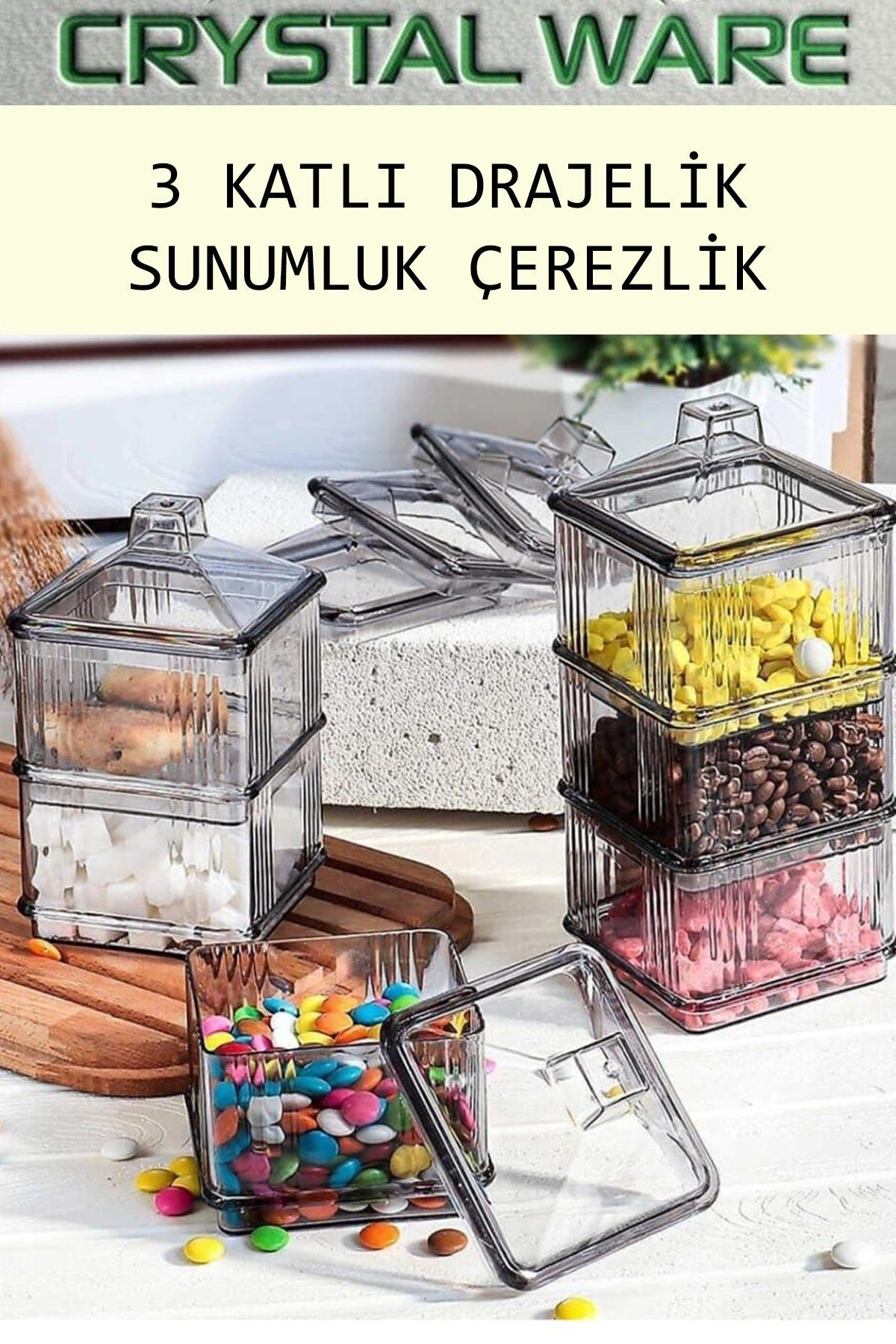 Crystal Ware 3 Katlı Şeffaf Kare Şekerlik Drajelik Çerezlik Sunumluk F113