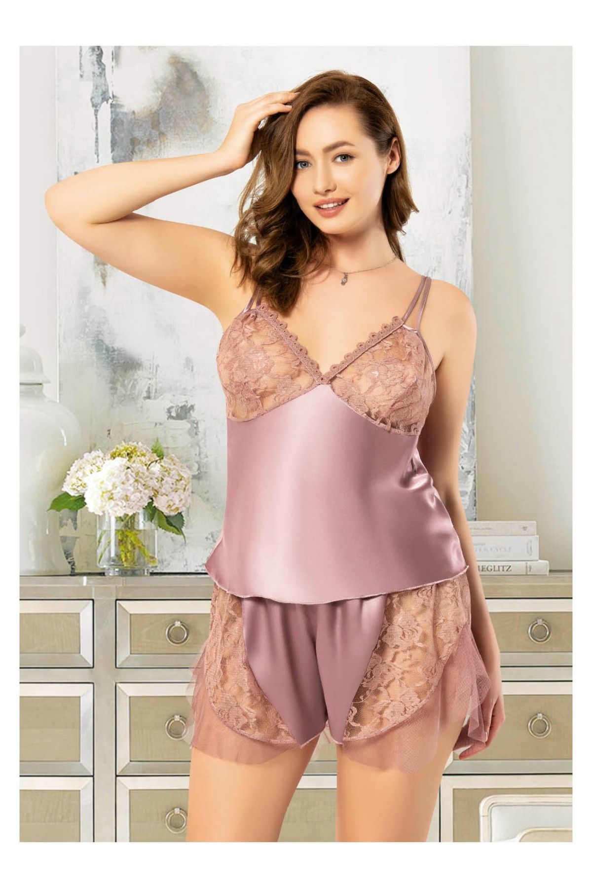Miss Laris Lingerie Askılı,Saten,Battal Beden,Şortlu Kadın Takım