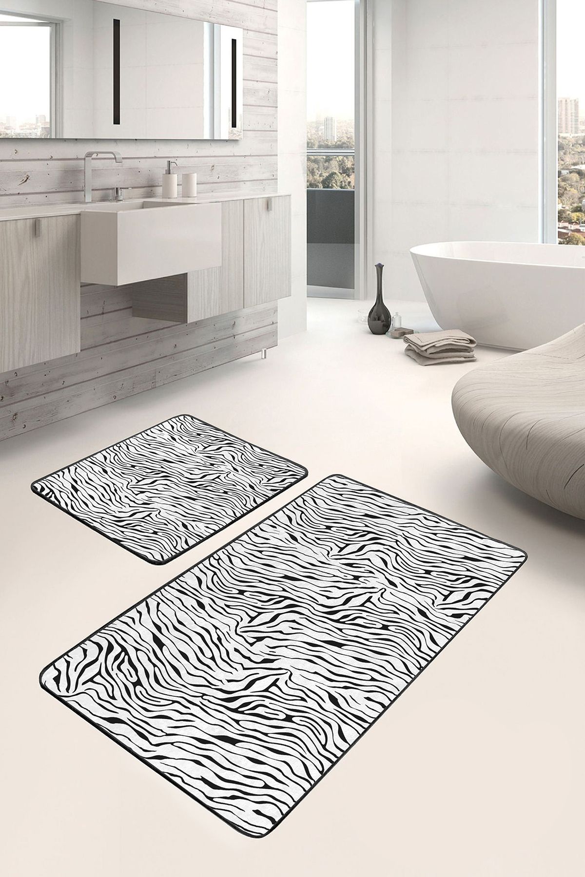 Realhomes 2'li Set Siyah - Beyaz Zeminde Zebra Motifli Post Desenli Sade & Şık Klasik 2'li Banyo Paspas Takımı