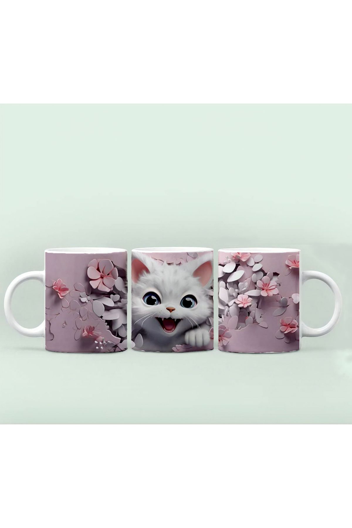 RHG Art Renkli Gözlü Kedili Kupa Bardak / 3 Efekt Kedi Baskılı Kupa Bardak Kahve Fincanı 300 ml