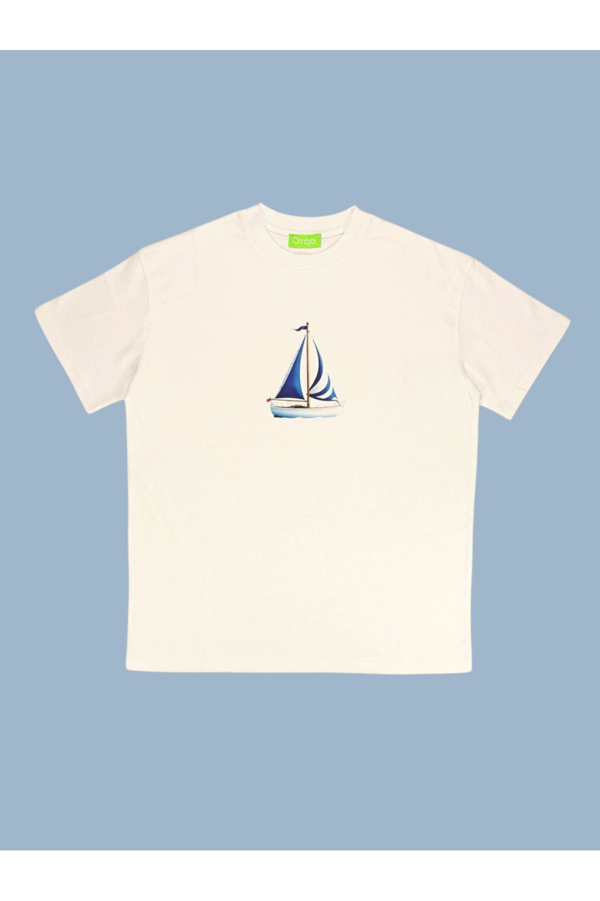 Orqa Unisex Yelkenli Baskılı %100 Pamuk Beyaz Tshirt