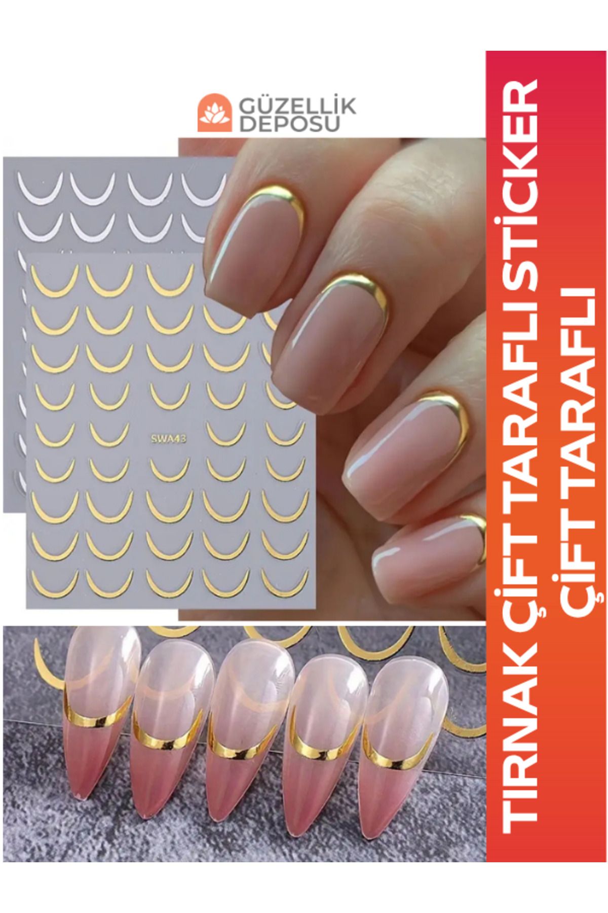 Güzellik Deposu Çift Taraflı Tırnak Sticker Gold ve Gümüş, Tırnak, Tırnak Süsleme Şerit, Ombre Sticker