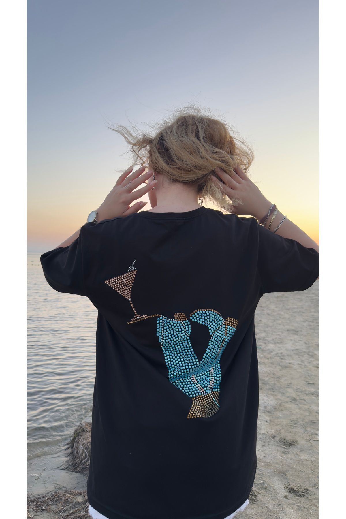 PIRILTISHOP Taşlı Çizme Desenli Oversize Tişört