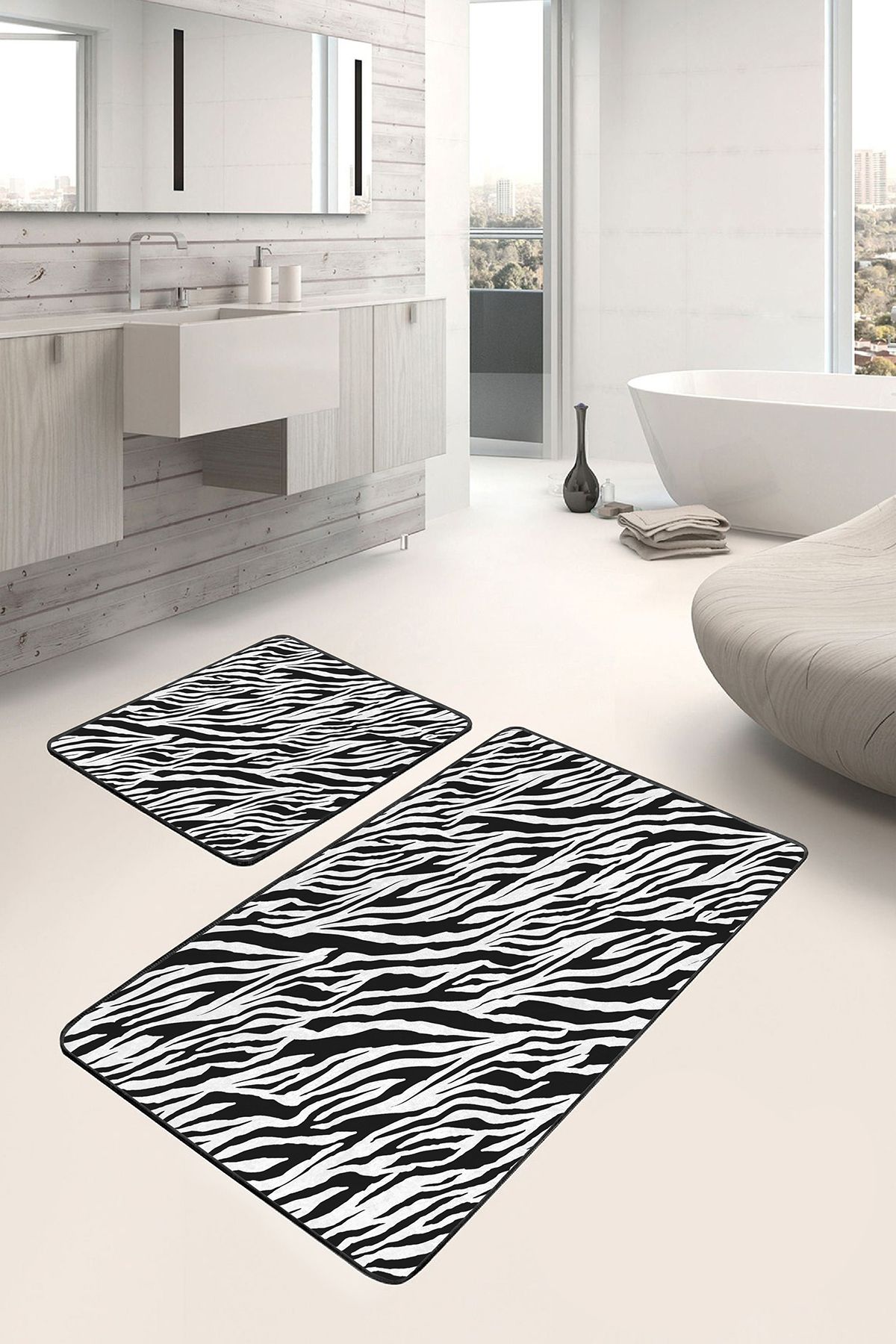 Realhomes 2'li Set Siyah - Beyaz Zeminde Post Motifli Zebra Desenli Klasik Sade & Şık 2'li Banyo Paspas Takımı
