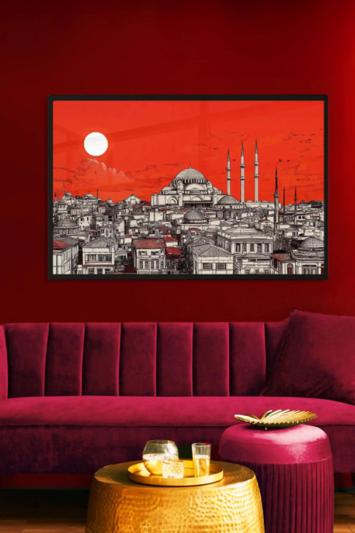 bds art sanatı evinize taşır İstanbul Turuncu Dolunay LED Işıklı Cam Tablo