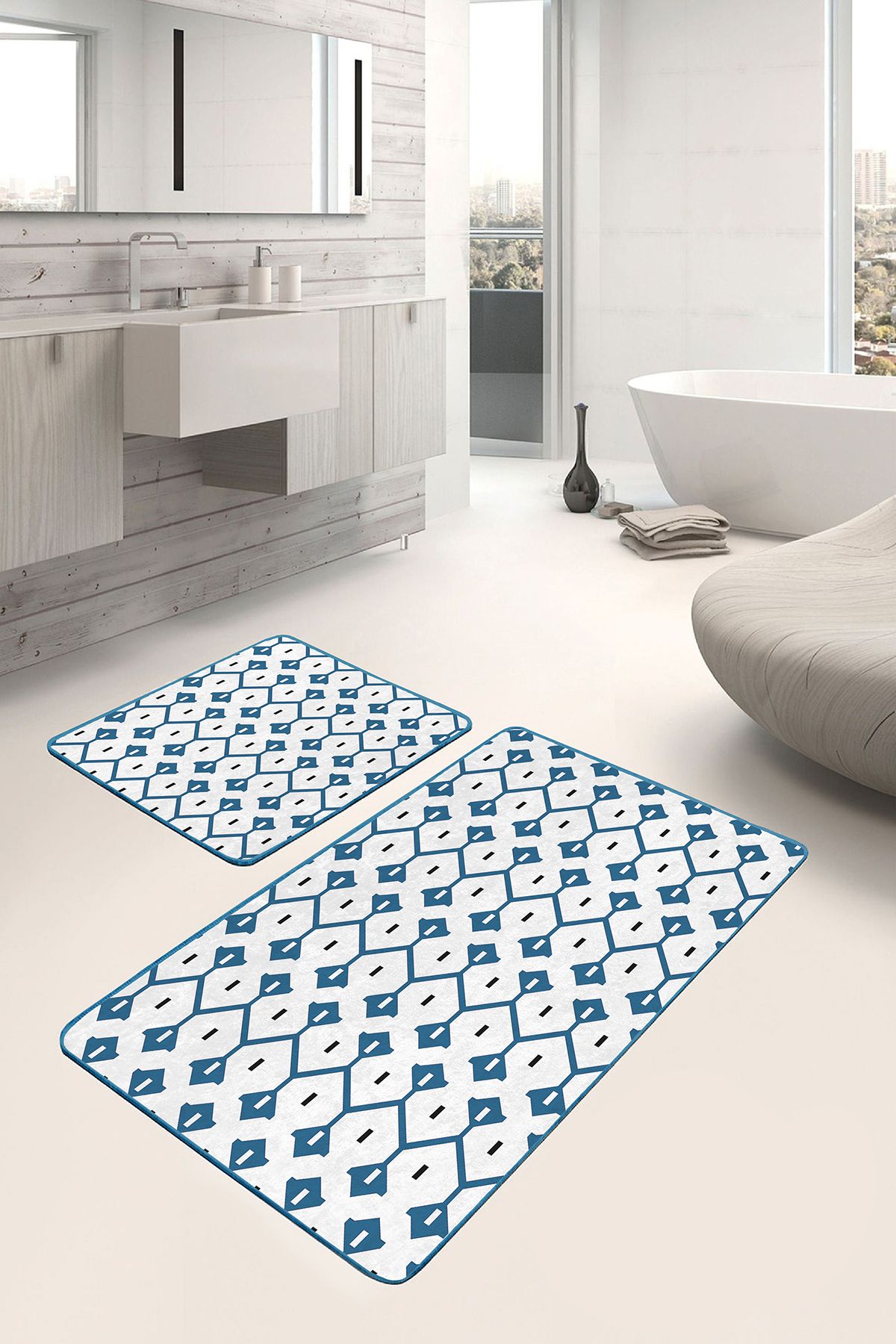 Realhomes 2'li Set Mavi Zeminde Geometrik Motifli Çizgili Etnik Motifler Geometrik 2'li Banyo Paspas Takımı