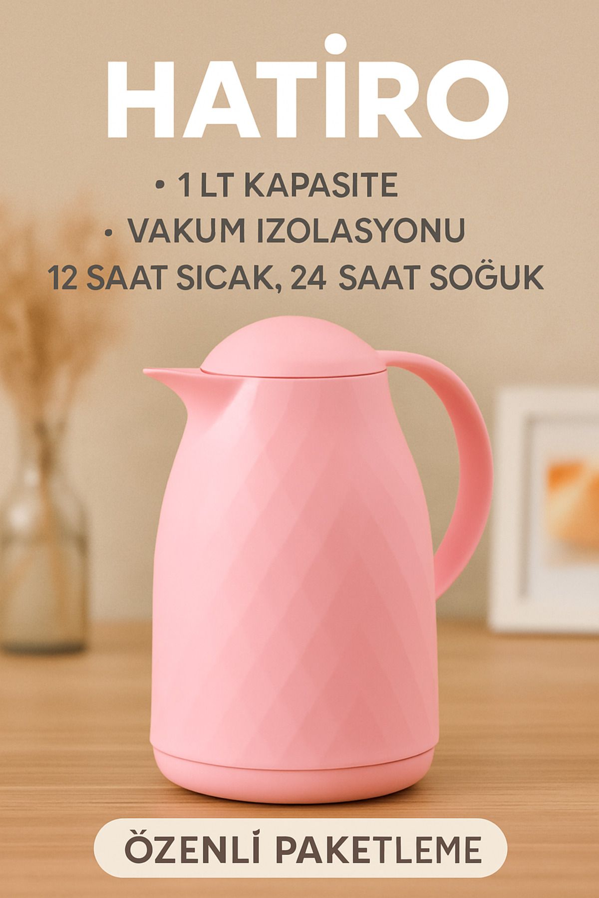 Avantaj Kapıda 1 LT Şeker Pembe Termos – Cam İçli, Isı Yalıtımlı, 12 Saat Sıcak, 24 Saat Soğuk Su ve Çay Termosu