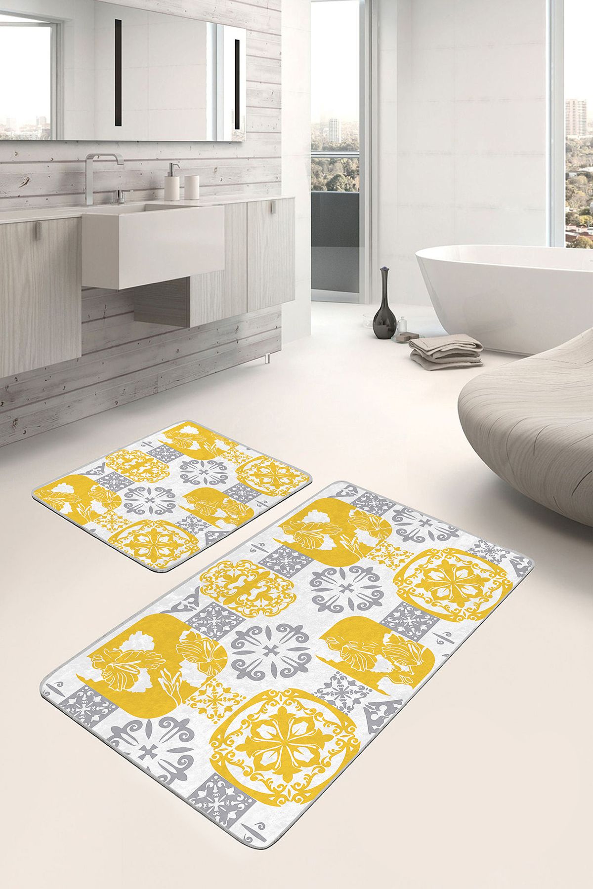 Realhomes 2'li Set Sarı - Gri Zeminde Etnik Motifli Monogram Vintage Sade & Şık 2'li Banyo Paspas Takımı