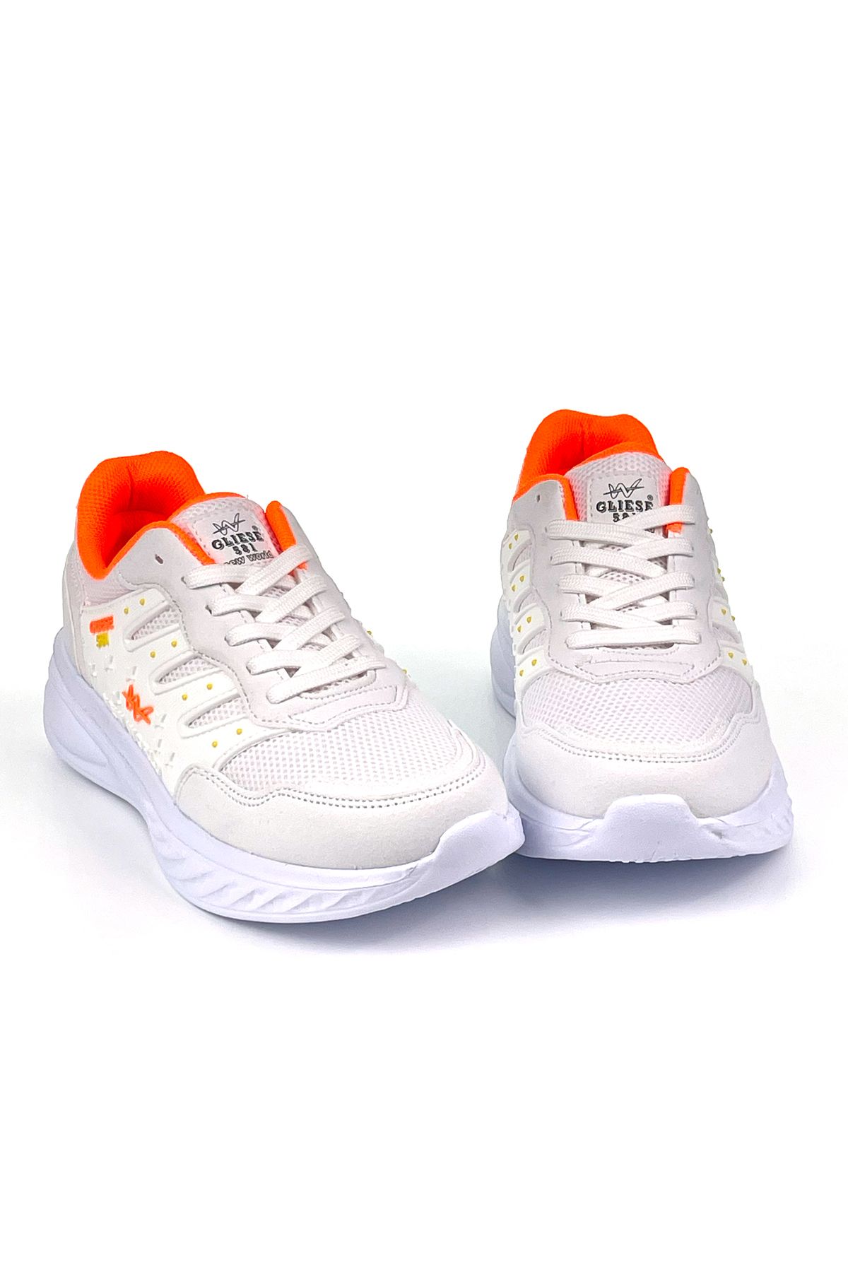 KAJILA Kadın Beyaz Oranj Fileli Günlük Rahat Sneaker Spor Ayakkabı