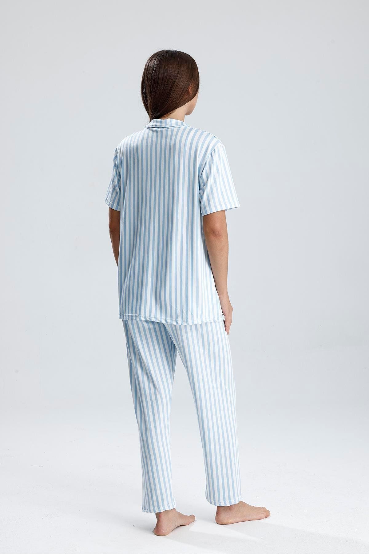 LİRONA Mavi Çizgili Kısa Kollu Kadın Pijama Takımı | 2072176506