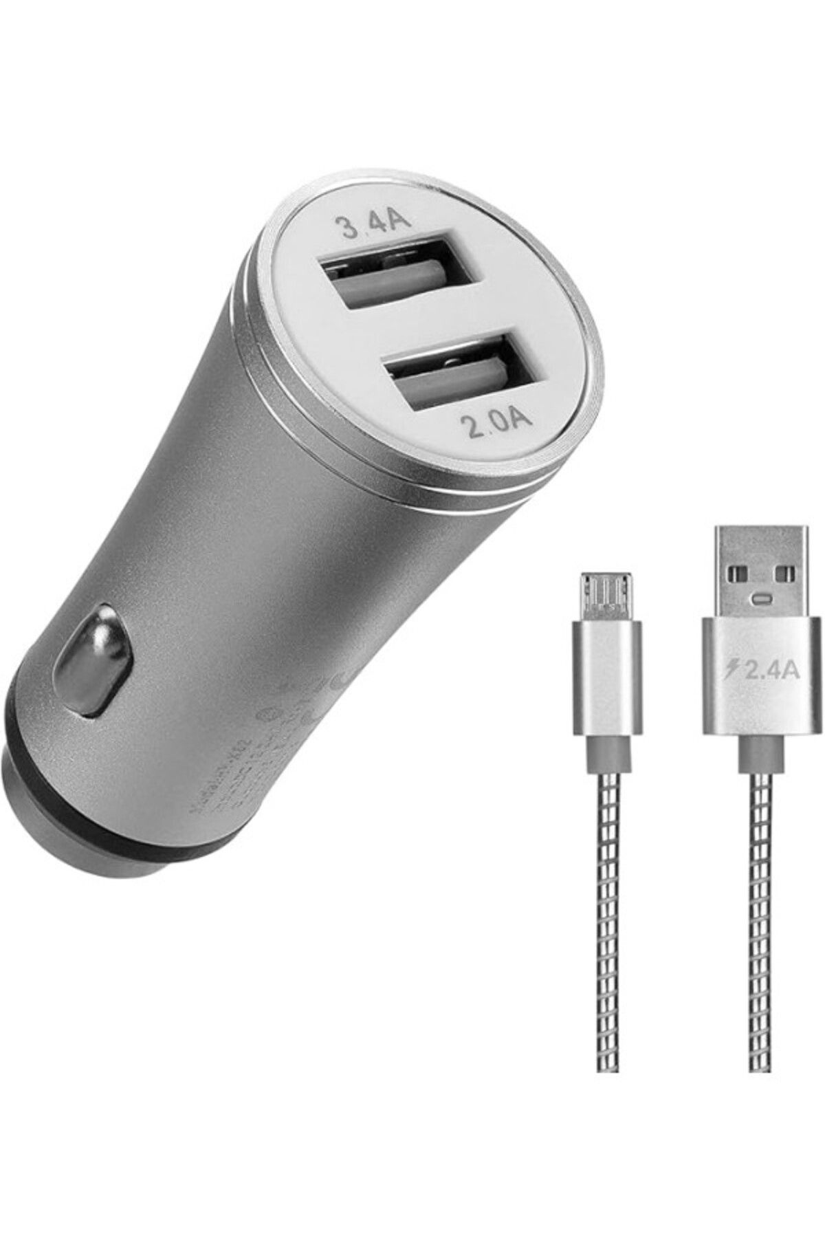 ShopZum Hy-X62 3.4A Hızlı Şarj Micro Usb Kablolu 2 Usb Metal Araç Şarj Cihazı, Gümüş