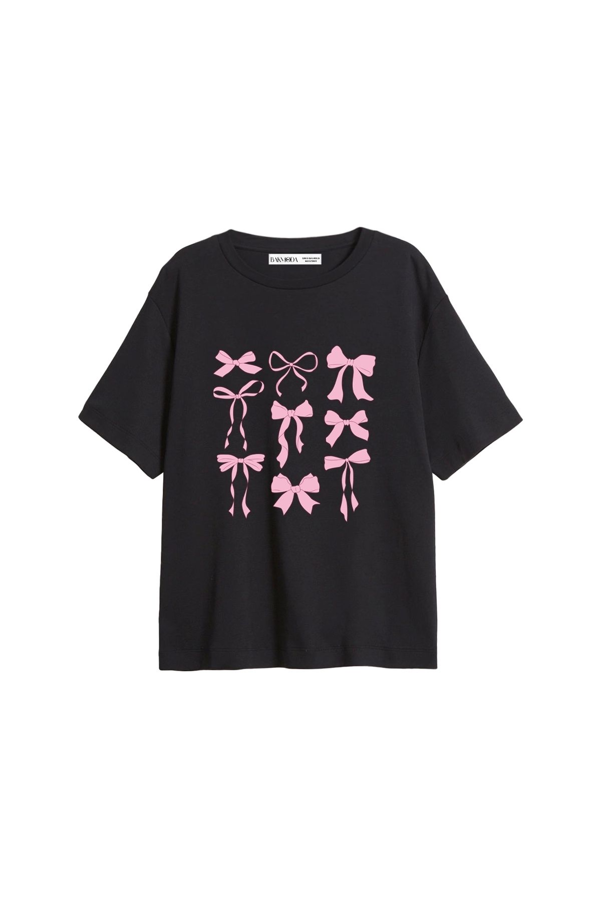 CİNEMA MODA Cute Fiyonk Baskılı Relaxed Fit Siyah Kadın Tshirt