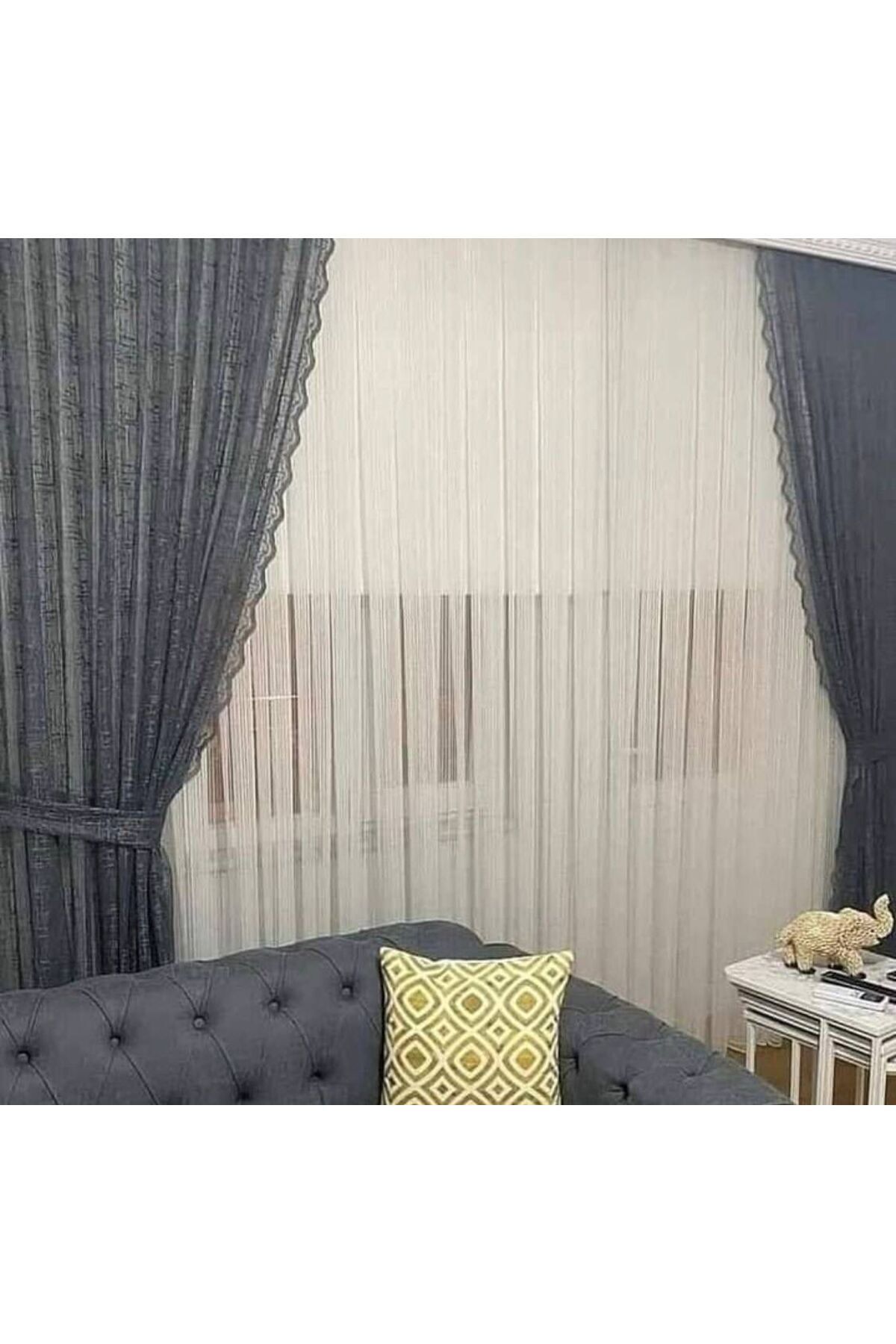 Ceylanlar perde Tül Fon Perde İki Kanat Bağcıklı Gri Şantuk