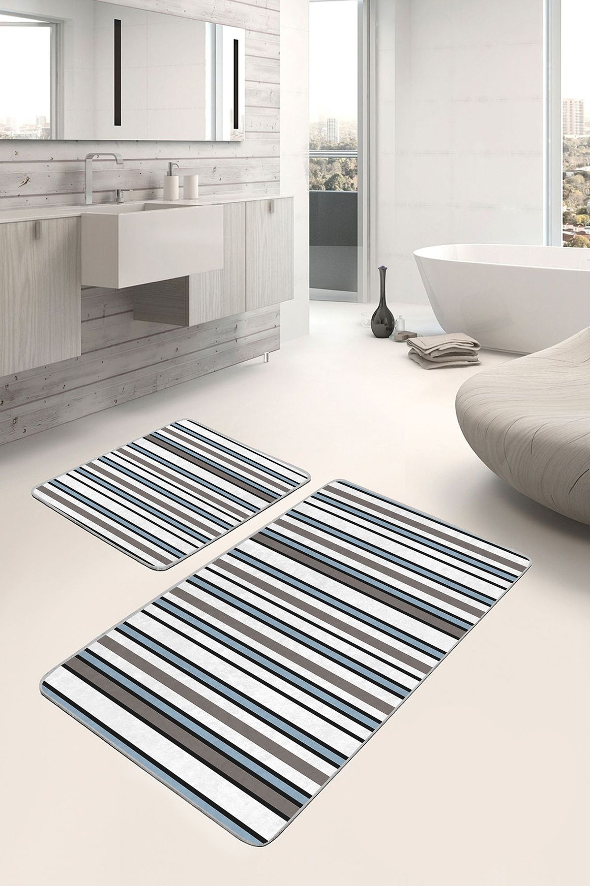 Realhomes 2'li Set Siyah - Mavi Zeminde Kanvas Motifli Yaprak Geometrik Sade & Şık 2'li Banyo Paspas Takımı