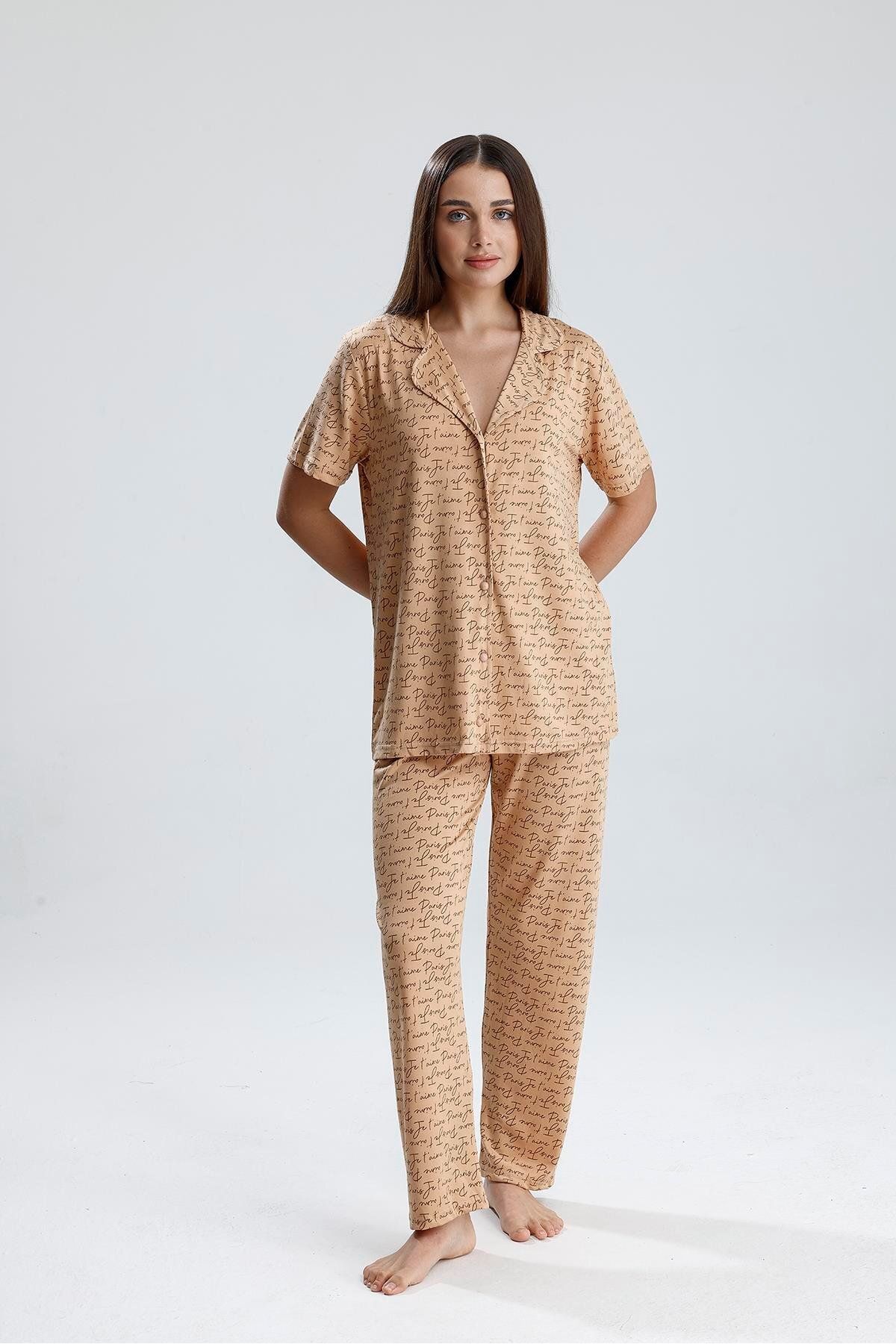 LİRONA Pembe Paris Yazı Desenli Kadın Pijama Takımı | 2072176506
