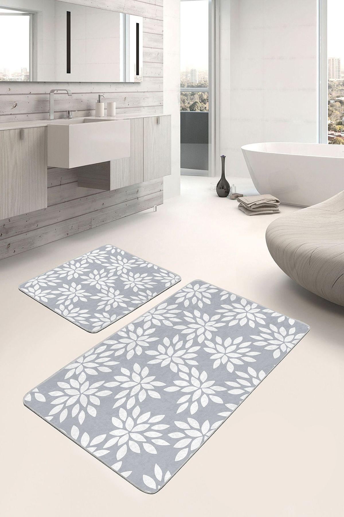 Realhomes 2'li Set Gri Beyaz Zeminde Yaprak Motifli Klasik Desenli Floral Sade & Şık 2'li Banyo Paspas Takımı