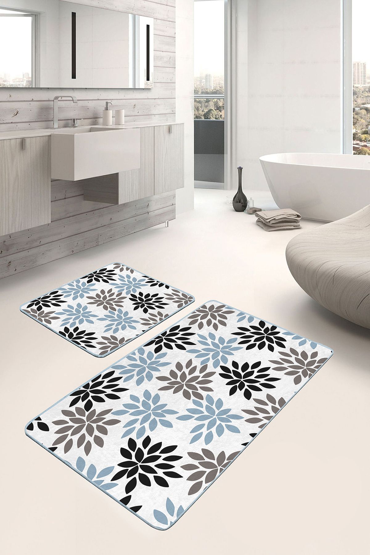 Realhomes Siyah - Mavi Zeminde Yaprak Motifli Modern Sanat Floral Sade & Şık 2'li Banyo & Mutfak Paspas Takımı