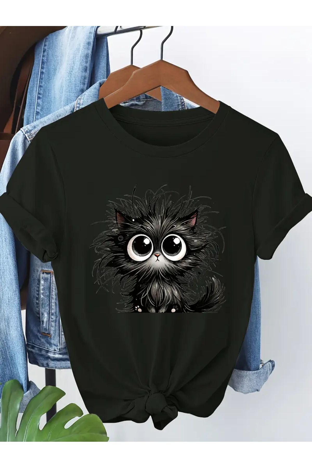 CLASİVA Sevimli Kedi Baskılı Unisex Oversize Bisiklet Yaka T-shirt