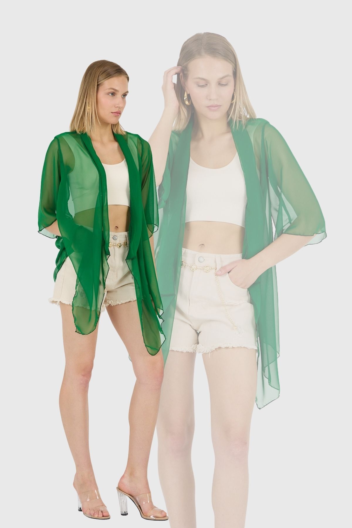 Laranor Koyu Yeşil Şal Yaka Volan Kol Şifon Kimono Kaftan Plaj Giyim 25L8101
