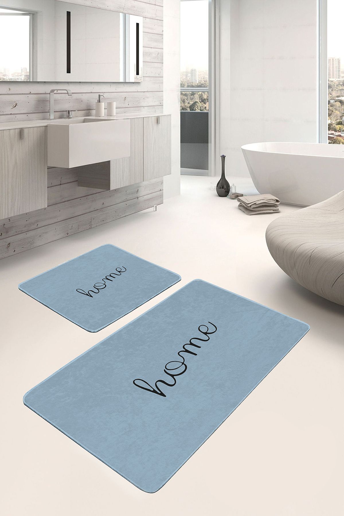 Realhomes Mavi - Siyah Zeminde Home Yazılı Motifli Düz Renk Desenli Sade & Şık Klasik 2'li Banyo Paspas Takımı