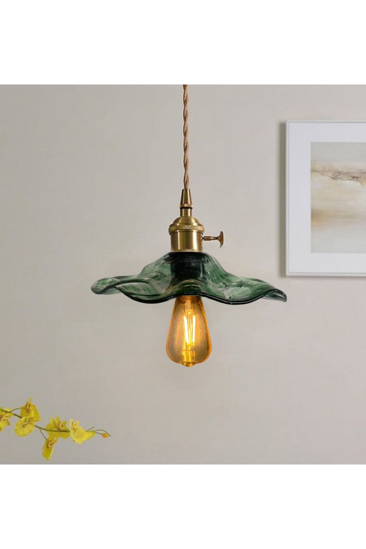 burenze Modern Tasarım Vintage Boheme Estetik El Yapımı Yeşil Camlı Sarkıt Avize Eskitme Gold Kahve Örgü