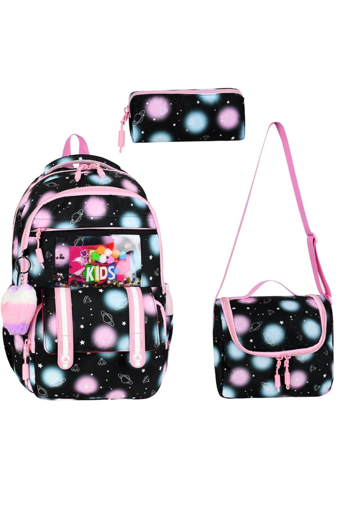 Çınka Bags Lüks Desenli Folyo Beslenmelik ve Kalemlikli Okul Çantası 3'lü Set