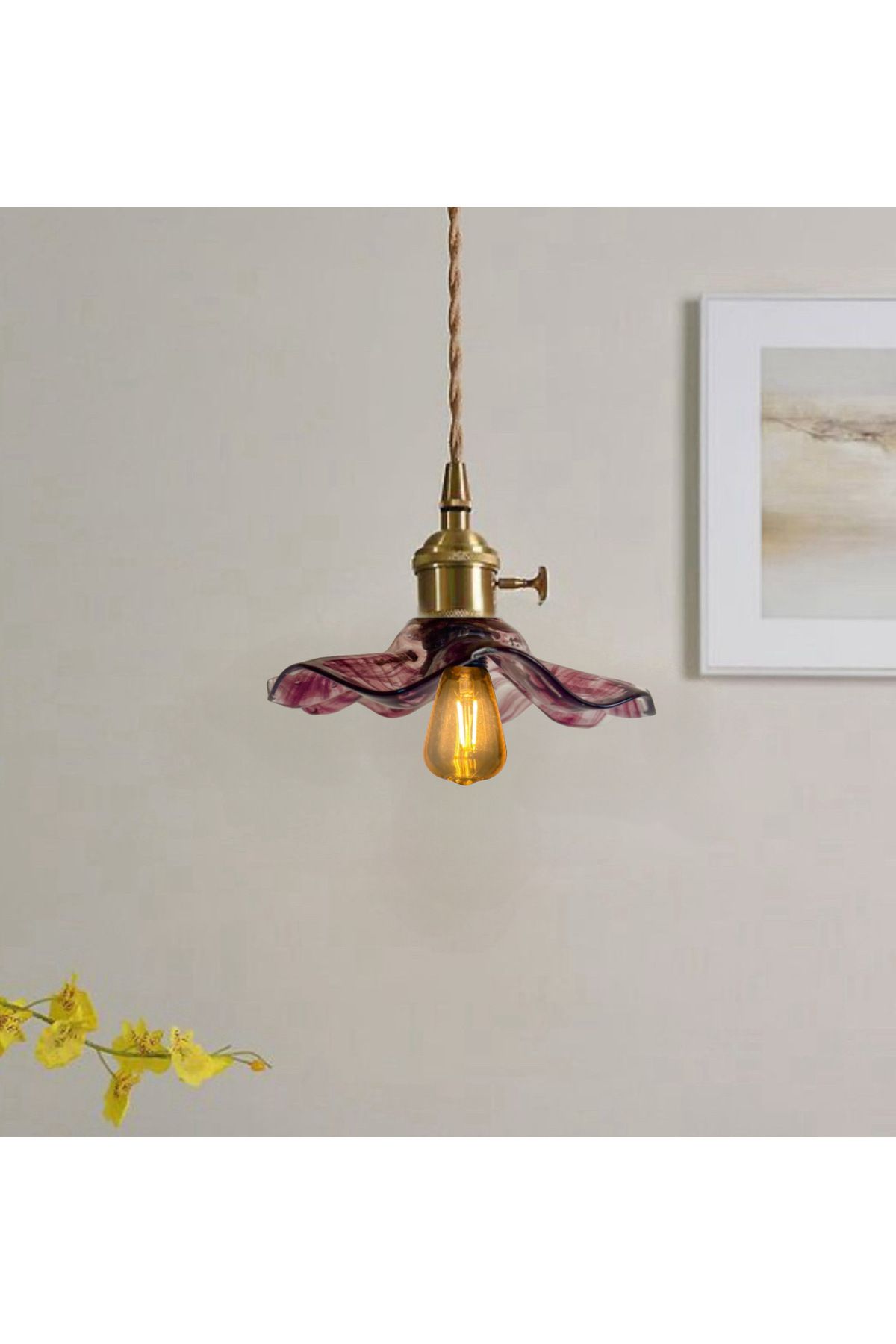 burenze Modern Tasarım Vintage Boheme Estetik El Yapımı Lila Mor Camlı Sarkıt Avize Eskitme Gold Kahve Örgü