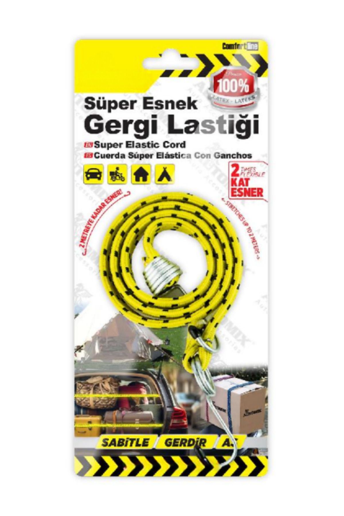KAPOTO Süper Esnek Gergi Lastiği 2 Metre Kancalı, Dayanıklı Yük ve Bagaj Sabitleme Lastiği