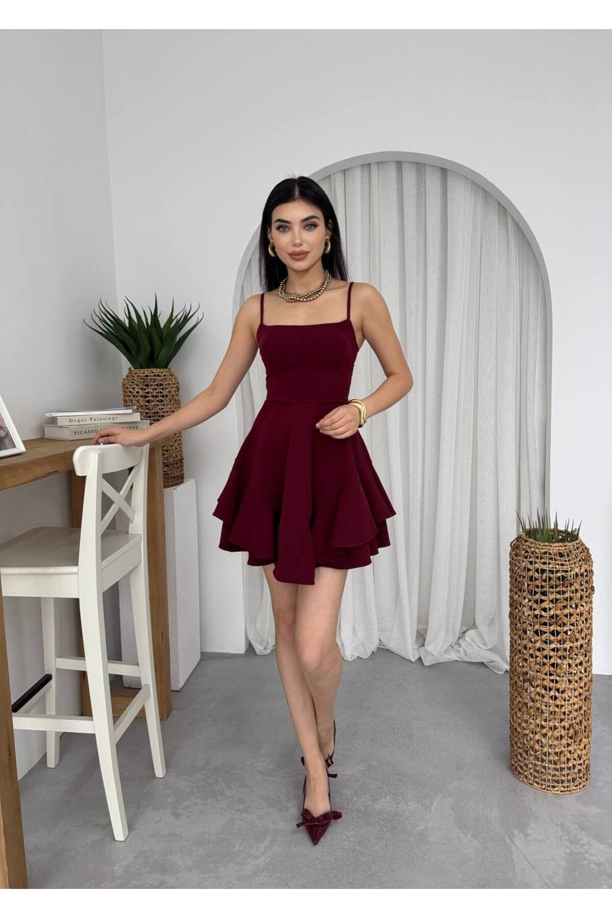ETİKAFASHION Askılı Volanlı Eteği Belden Açılan Fırfırlı Mini Elbise