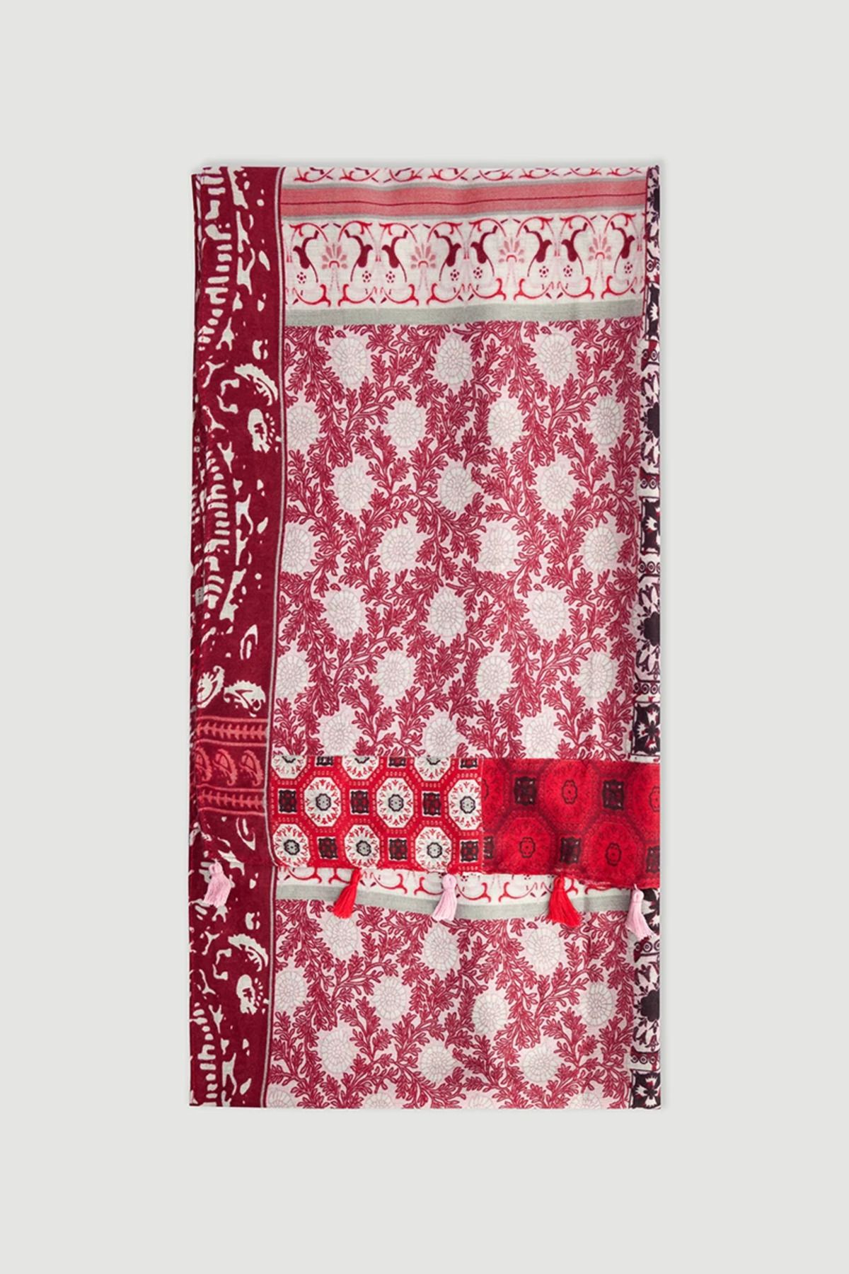 Gusto Şerit Desenli Püsküllü Şal - Pembe