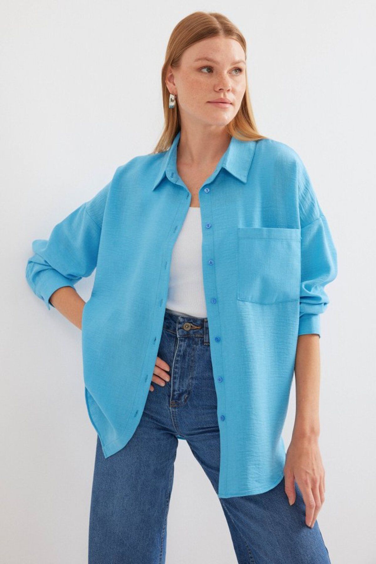 ETİLER COLLECTION 20153 Tek Cepli Oversize Keten Gömlek - Açık Mavi