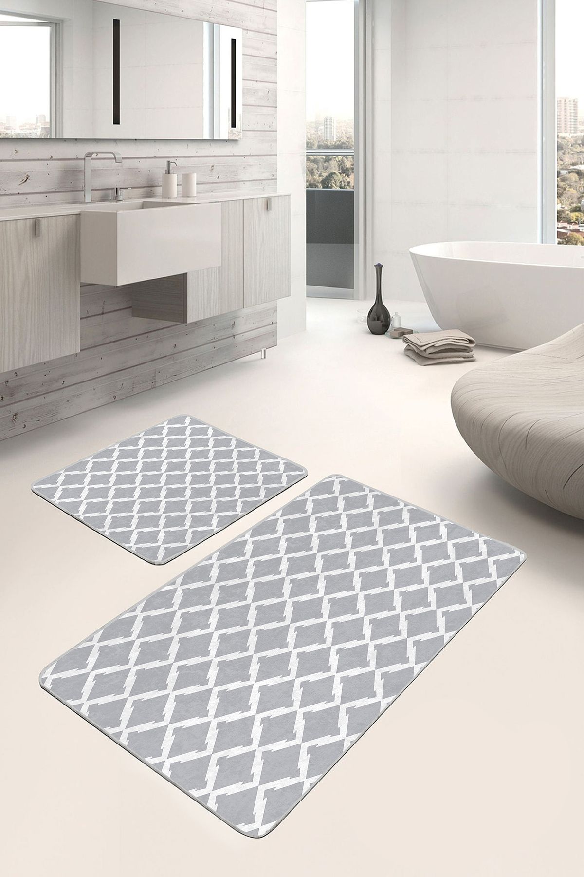 Realhomes Gri - Beyaz Zeminde Geometrik Motifli Baklava Geometrik Sade & Şık 2'li Banyo & Mutfak Paspas Takımı