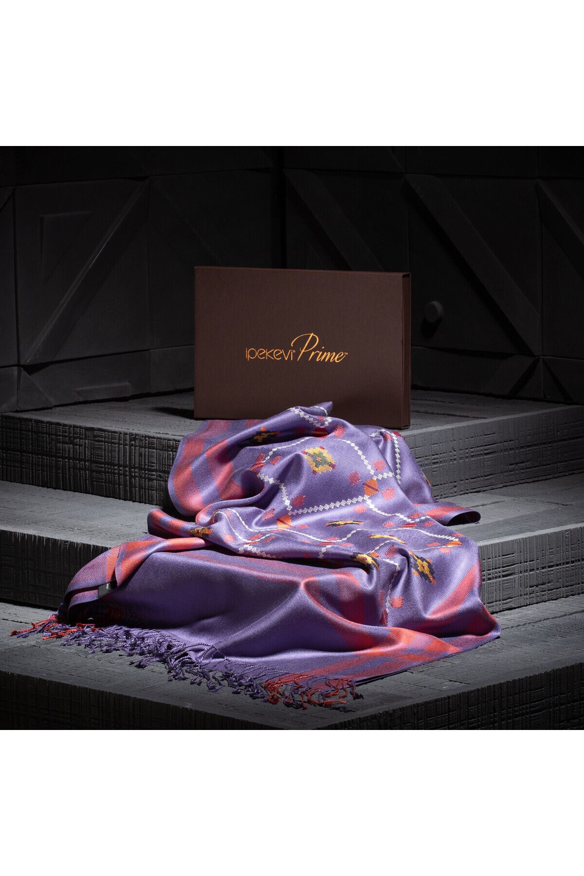 ipekevi Violet Kilim Desenli Kanaviçe İşli Prime İpek Şal