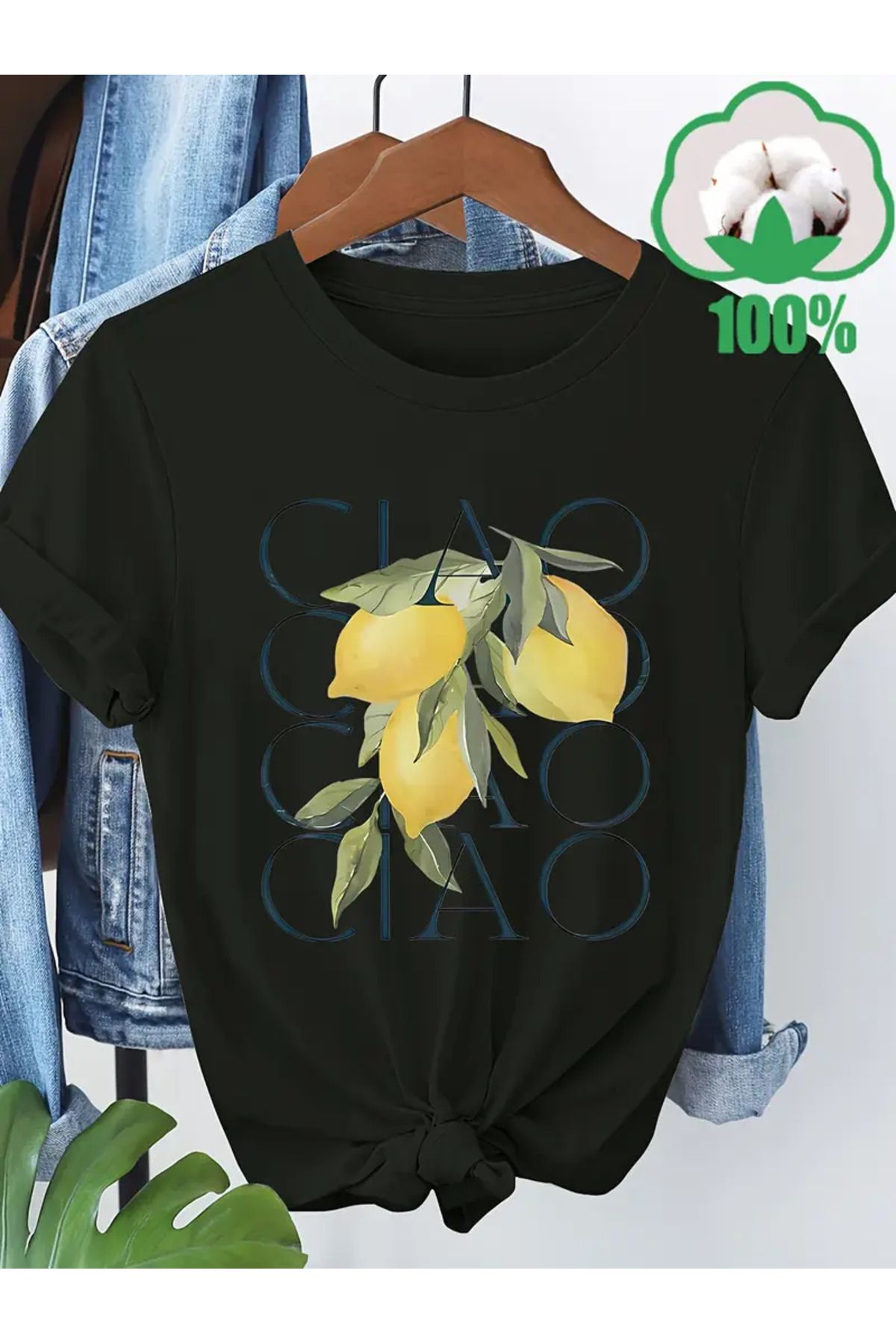 CLASİVA CIAO Limon Baskılı Kadın Oversize Bisiklet Yaka T-shirt