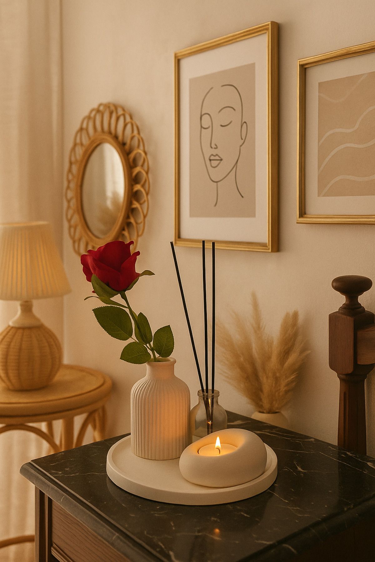 Home Dekoratif 4’lü Set Çizgili Vazo Tealight Mumluk Ve Oda Kokusu Seti