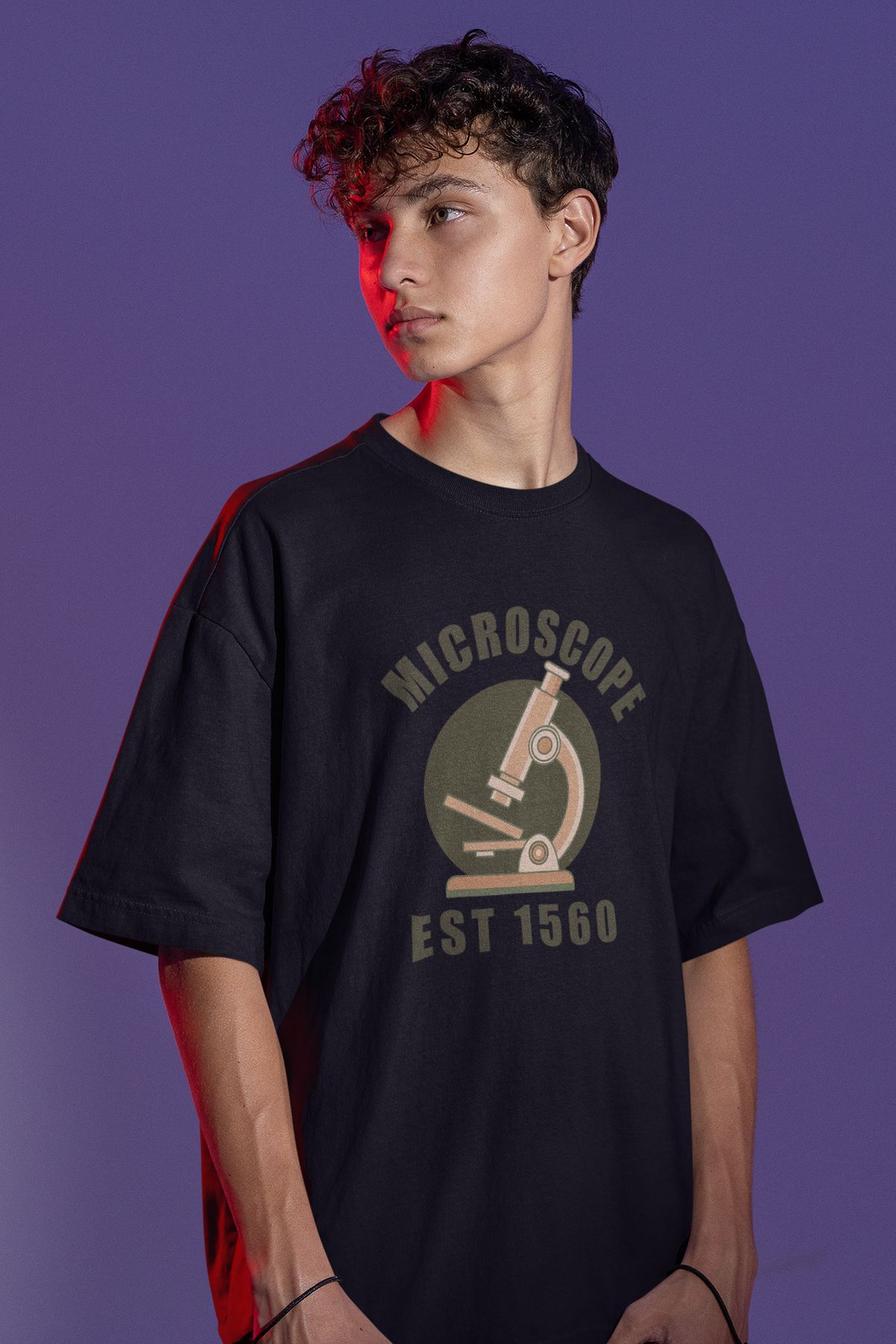 Uniquetex NUBENSE / MİKPA-02 - Oversize Unisex Mikroskop Baskılı Siyah Bisiklet Yaka T-shirt (Bilim Tişört)