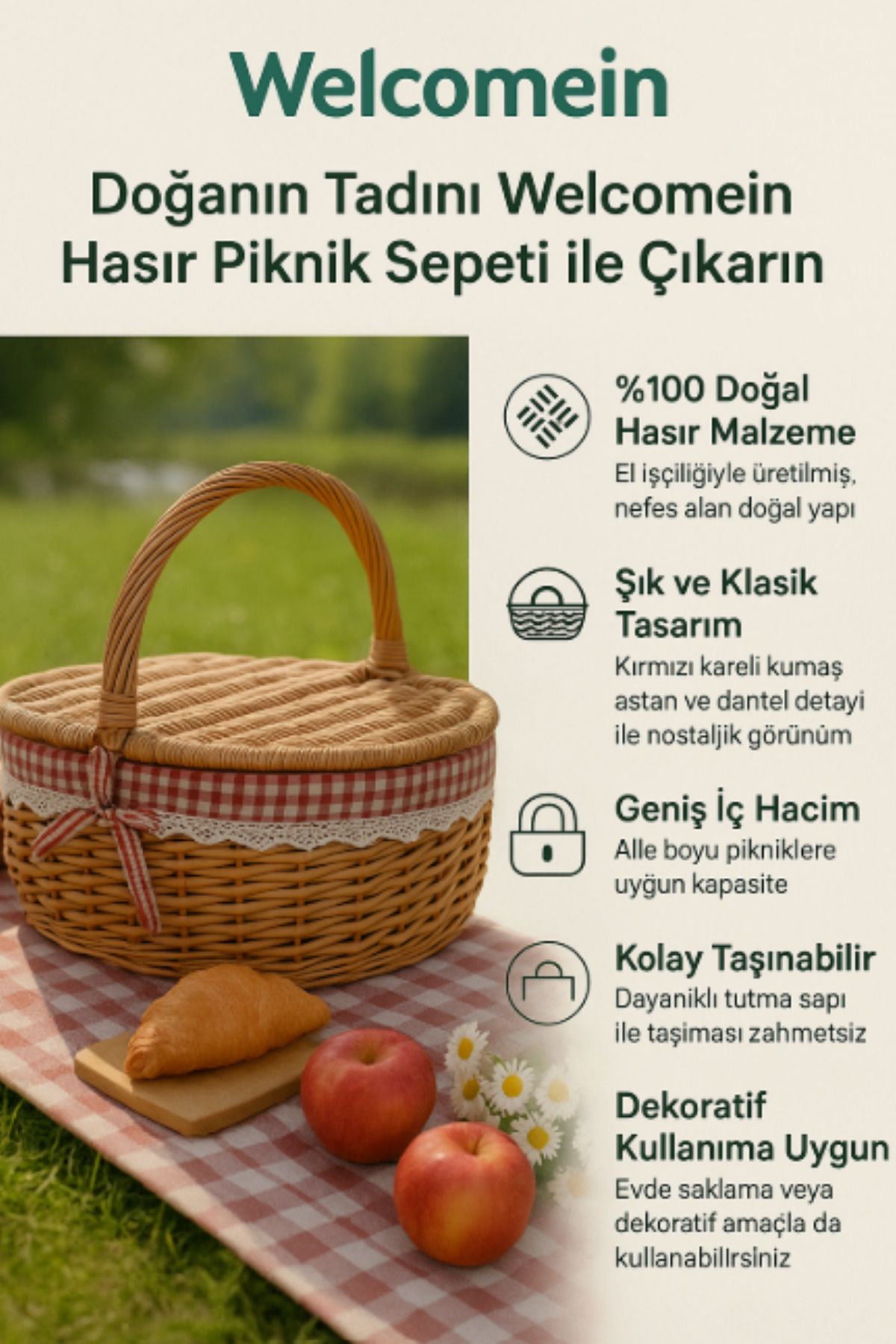welcomein-Natural Wicker Picnic Basket – Red Checkered Fabric Lined, Handmade, with Lid and Carrying Handle 4
