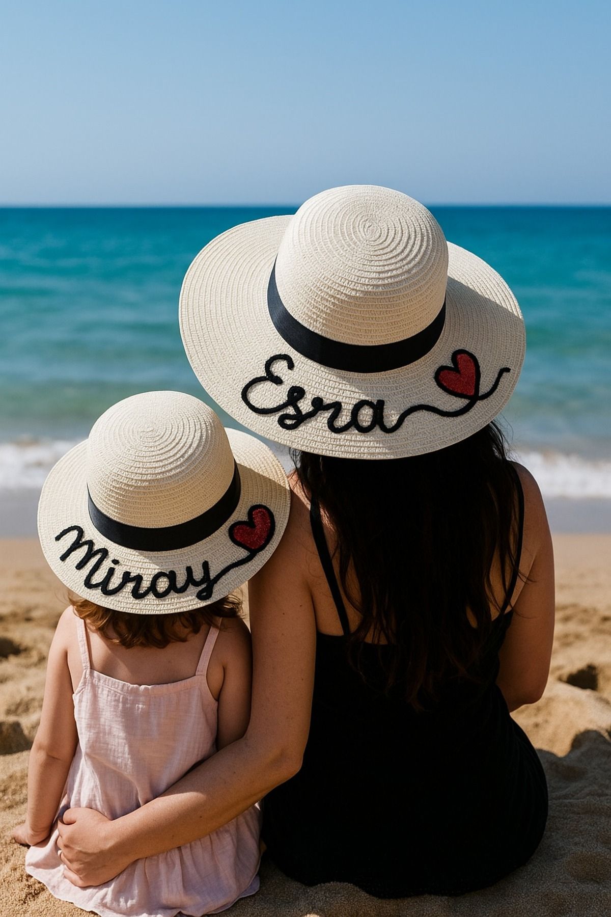 Ella Hat-Craft İsme Özel Anne-Kız Hasır Şapka Seti