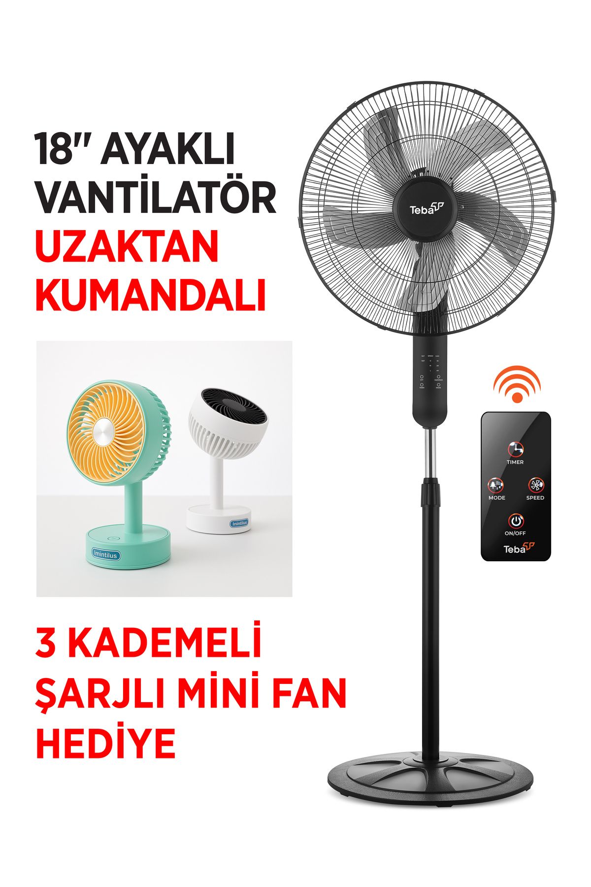 Teba Uzaktan kumandalı Vantilatör Dokunmatik ekran 18 inch HEDİYELİ