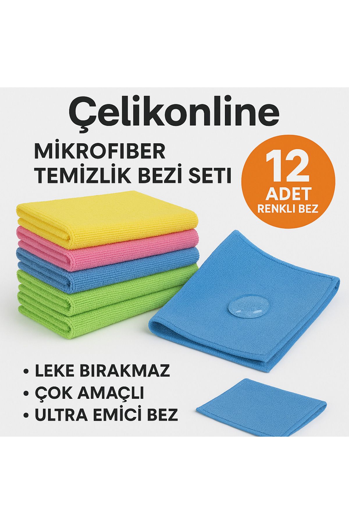 ÇELİKONLİNE Çelikonline 12'li Mikrofiber Temizlik Bezi Seti – Leke Bırakmaz, Çok Amaçlı, Ultra Emici Bez 30x30cm