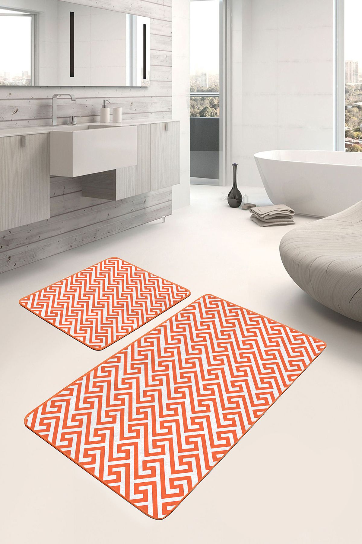 Realhomes 2'li Set Turuncu Zeminde Geometrik Motifli Mozaik Geometrik Sade & Şık 2'li Banyo Paspas Takımı