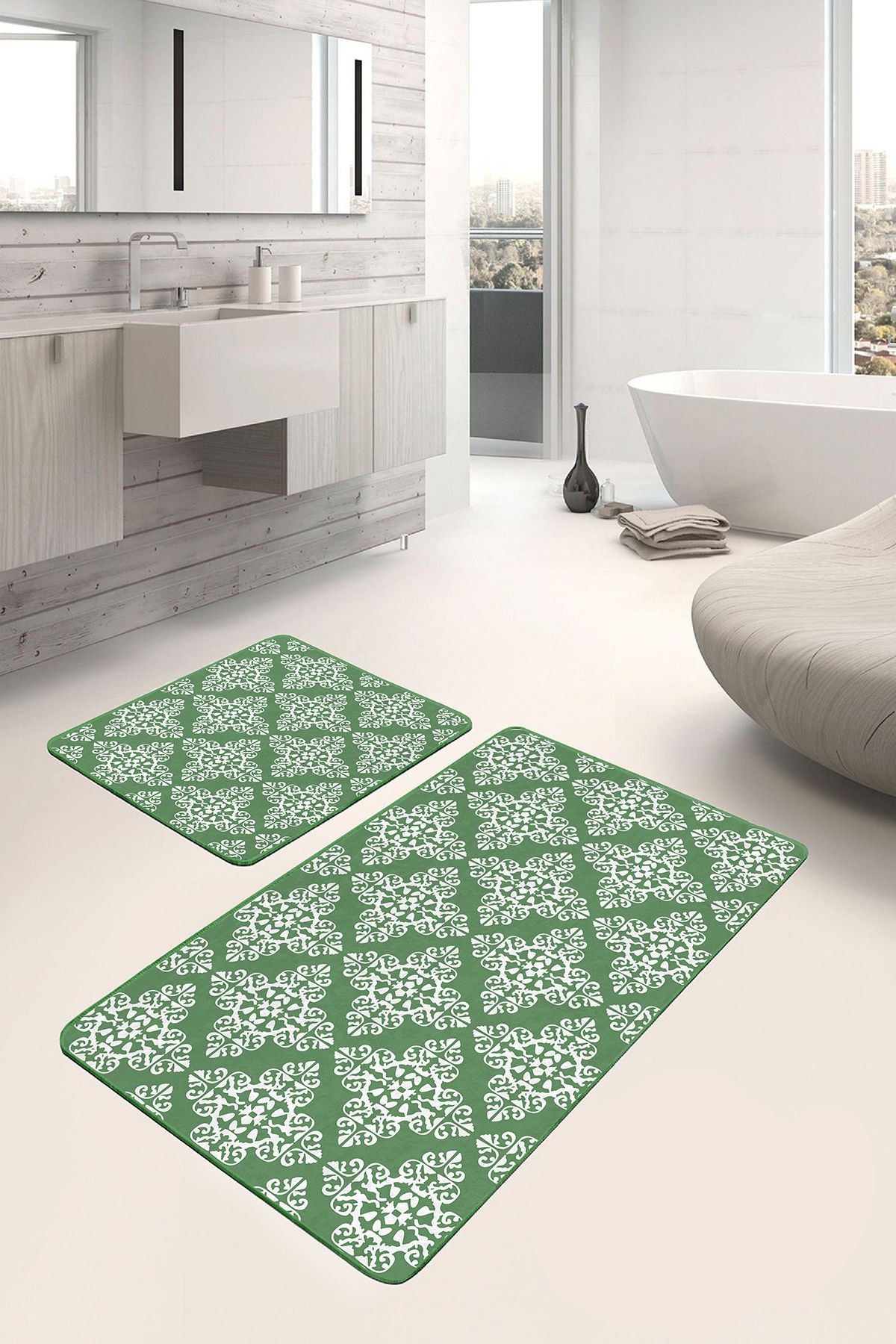 Realhomes Yeşil Zeminde Damask Motifli Geleneksel Desenli Floral Vintage 2'li Banyo & Mutfak Paspas Takımı