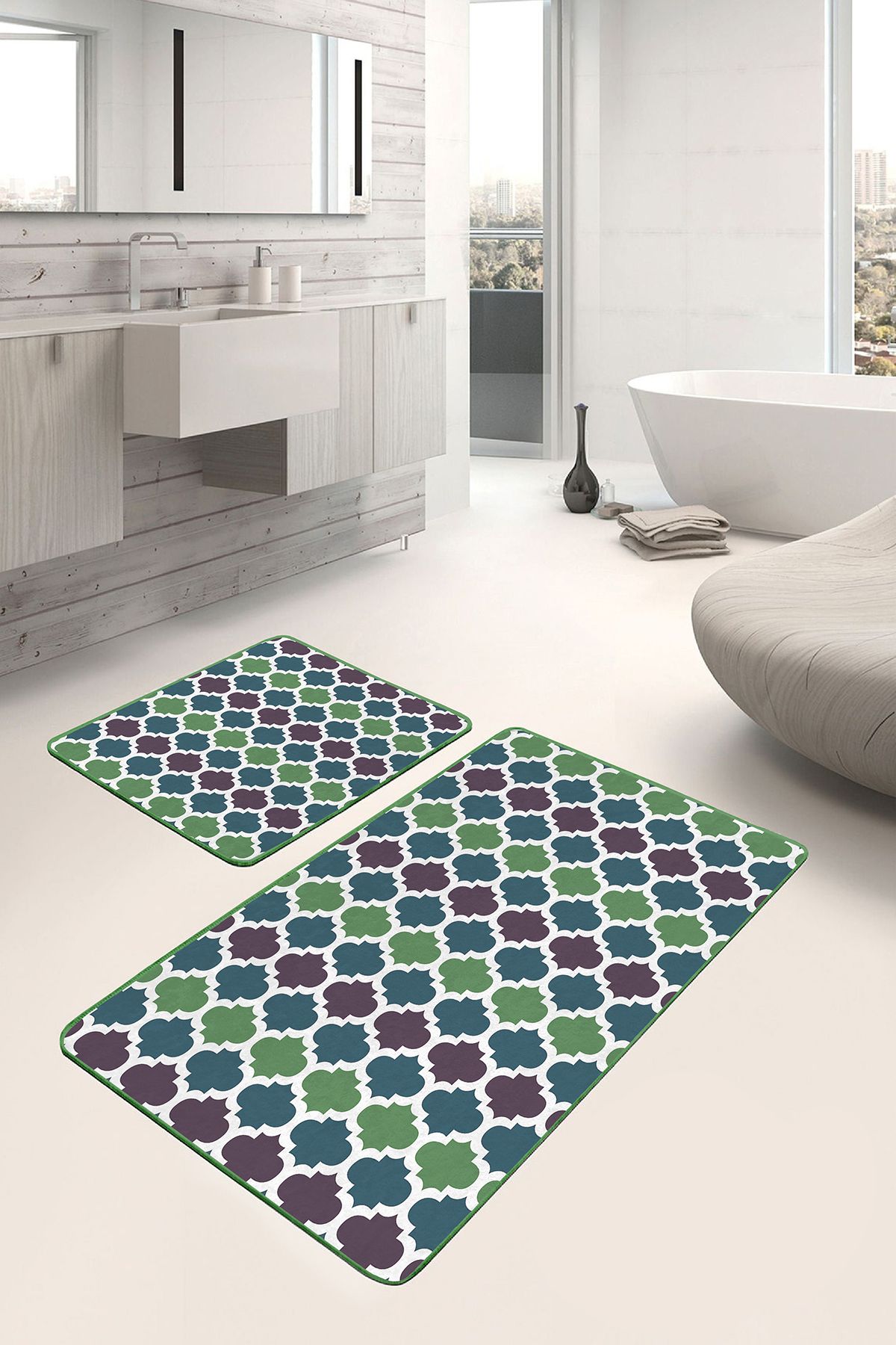 Realhomes 2'li Set Yeşil - Turkuaz Zeminde Ogea Motifli Morrocan Geometrik Klasik 2'li Banyo Paspas Takımı