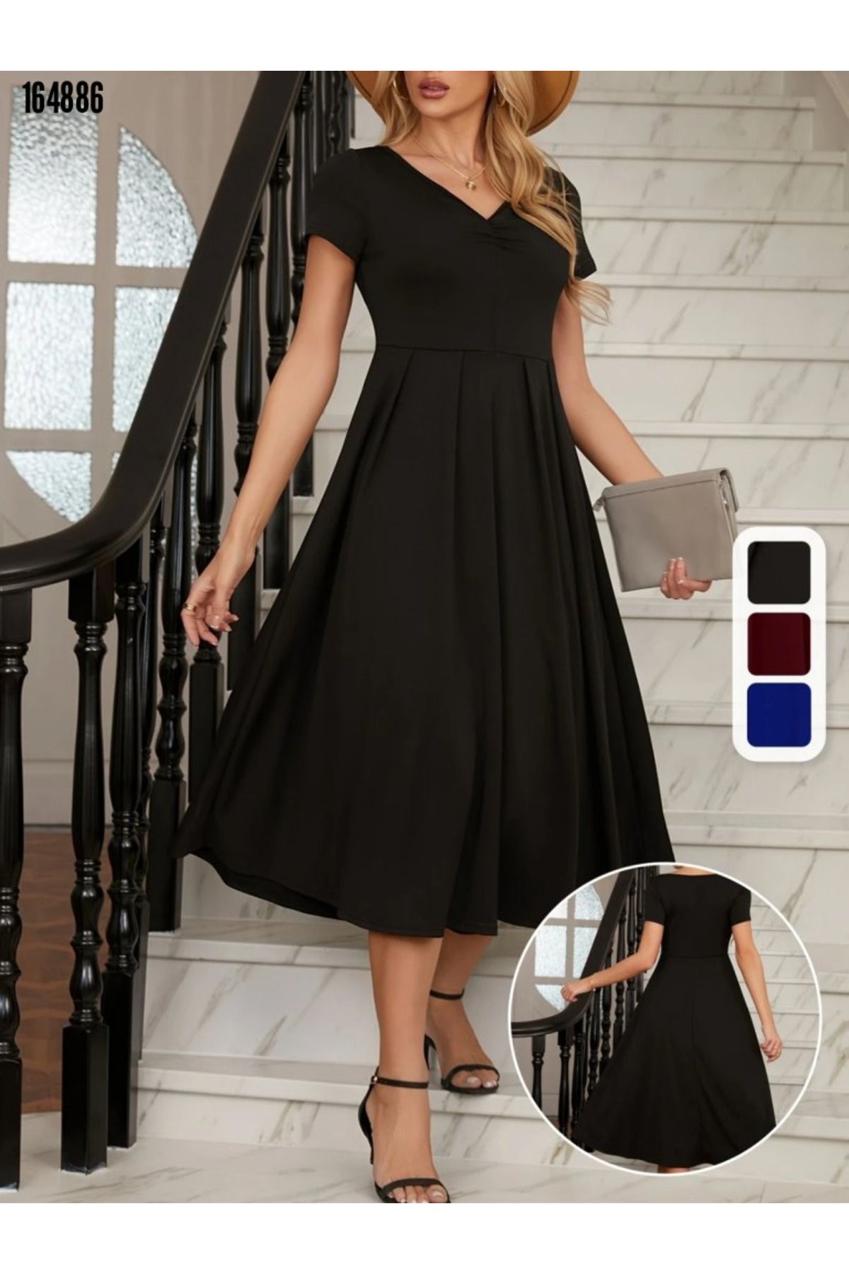Kokosh moda Kadın Pile Detaylı Kısa Kollu V Yaka Midi Boy Krep Elbise