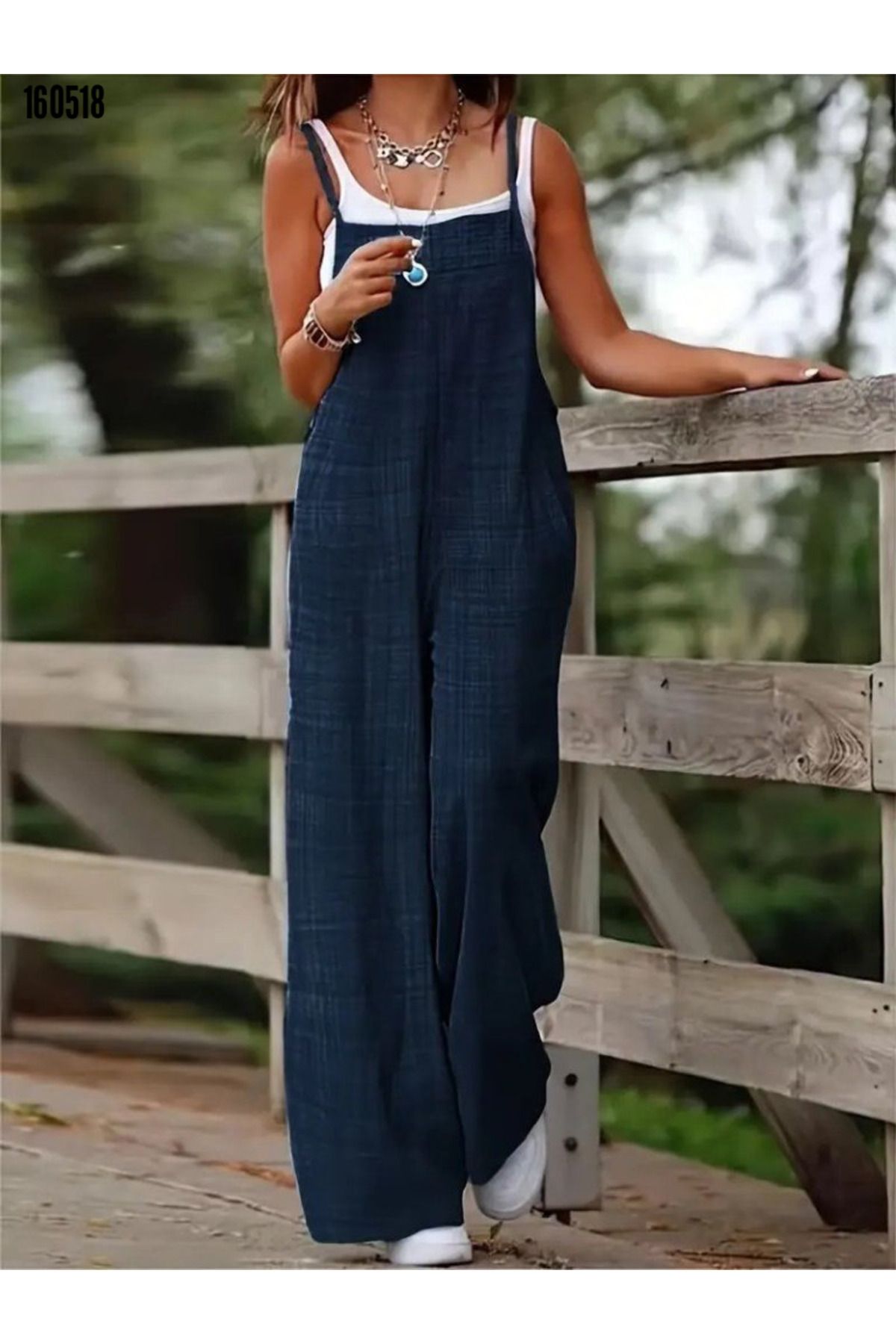 moda wanilia Kadın Yandan Fermuar Detaylı Askılı Geniş Paça Keten Tulum